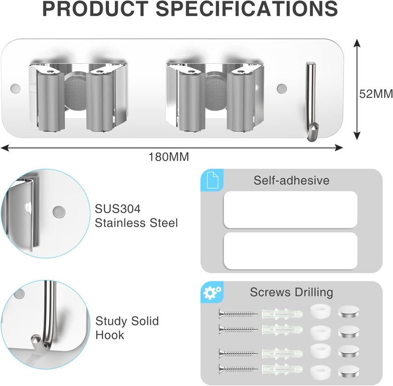 homeasy Wall Mount Mop and Broom Holder, Heavy Duty Stainless Steel Organizer Rack with Hooks | 2-Pack, 2-in-1 No Drill & Screw Installation, Silver - Image 5